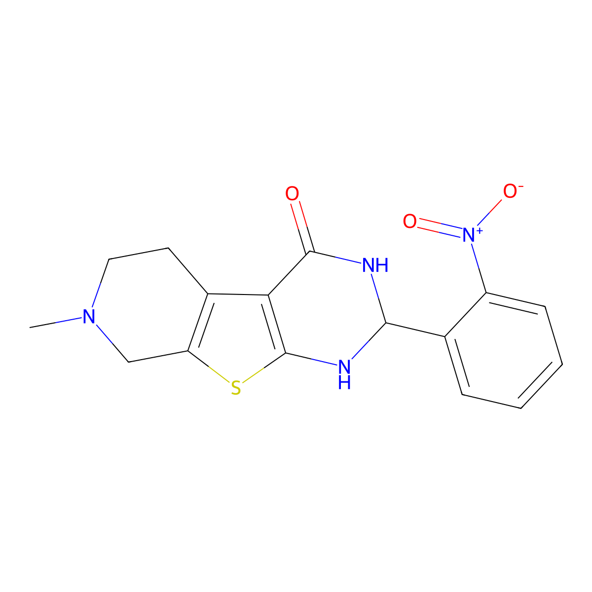 2-{2-nitrophenyl}-7-methyl-2,3,5,6,7,8-hexahydropyrido[4',3':4,5]thieno[2,3-d]pyrimidin-4(1H)-one molecular structure, CAS 328568-56-5