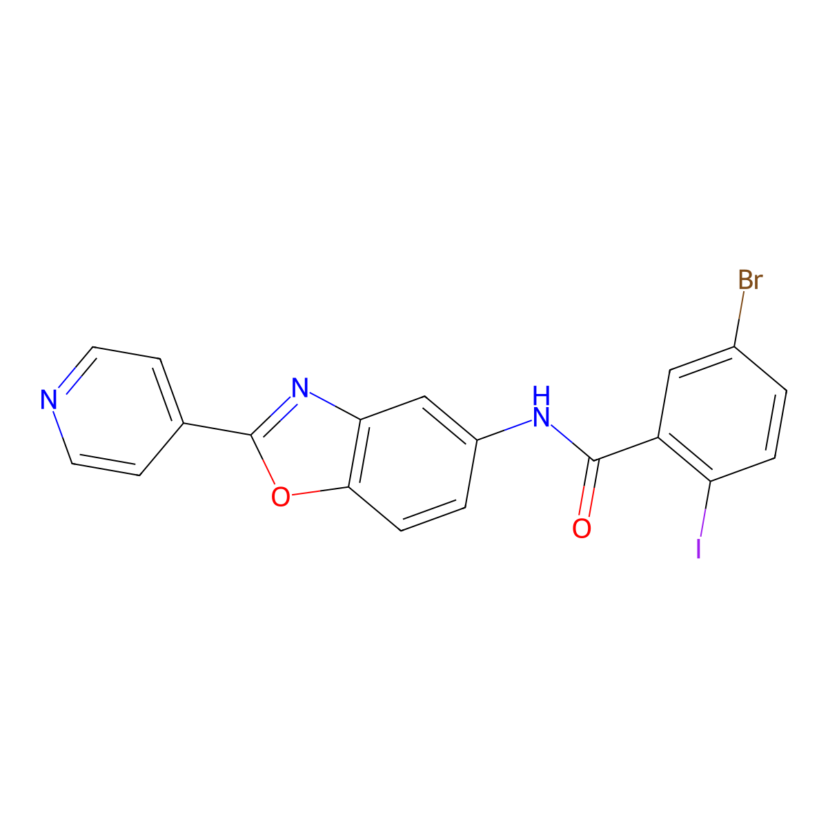 5-bromo-2-iodo-N-(2-pyridin-4-yl-1,3-benzoxazol-5-yl)benzamide molecular structure, CAS 328909-23-5