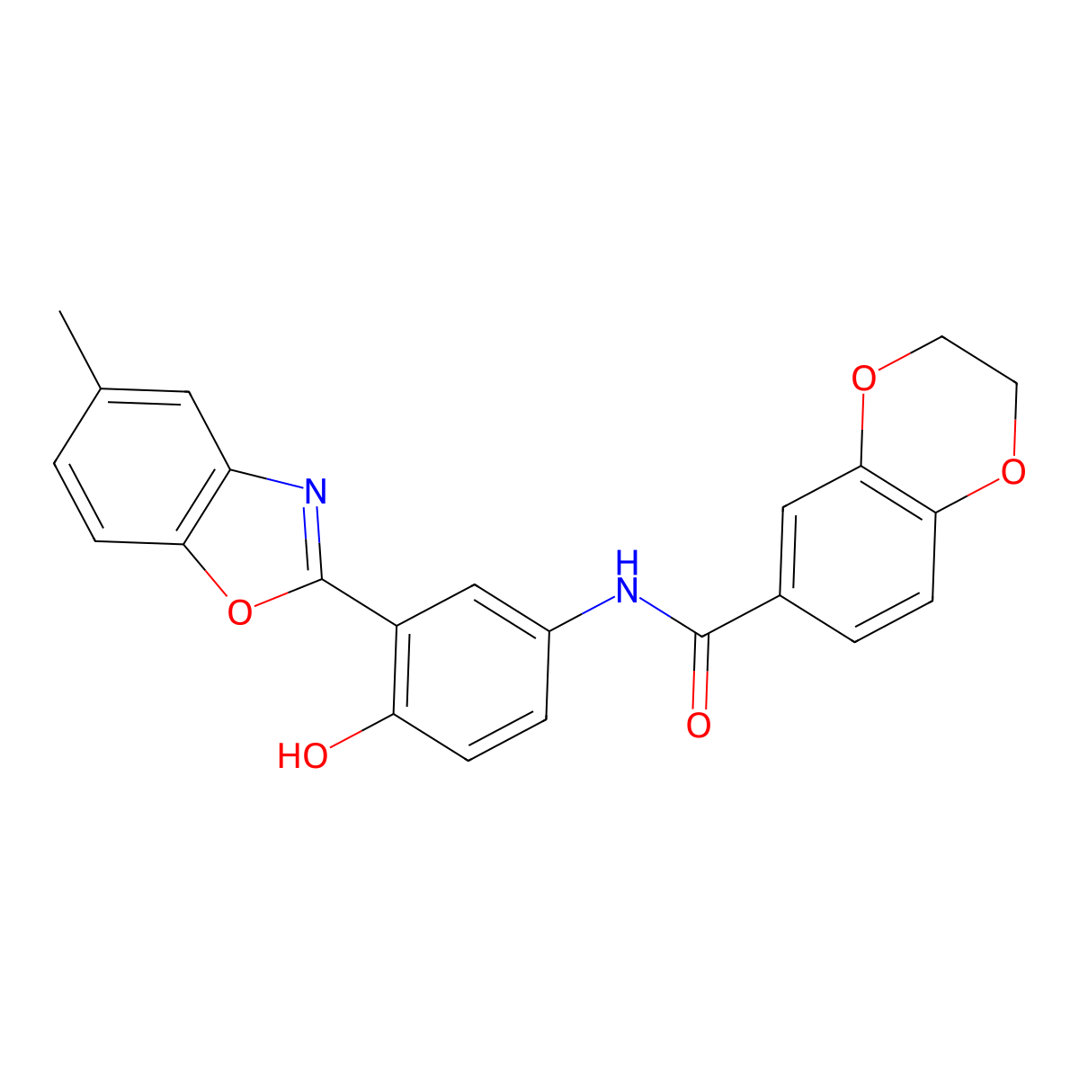 N-[4-hydroxy-3-(5-methyl-1,3-benzoxazol-2-yl)phenyl]-2,3-dihydro-1,4-benzodioxine-6-carboxamide molecular structure, CAS 328947-98-4