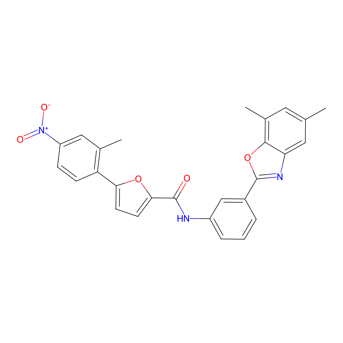 N-(3-(5,7-Dimethylbenzo[d]oxazol-2-yl)phenyl)-5-(2-methyl-4-nitrophenyl)furan-2-carboxamide molecular structure, CAS 328975-78-6
