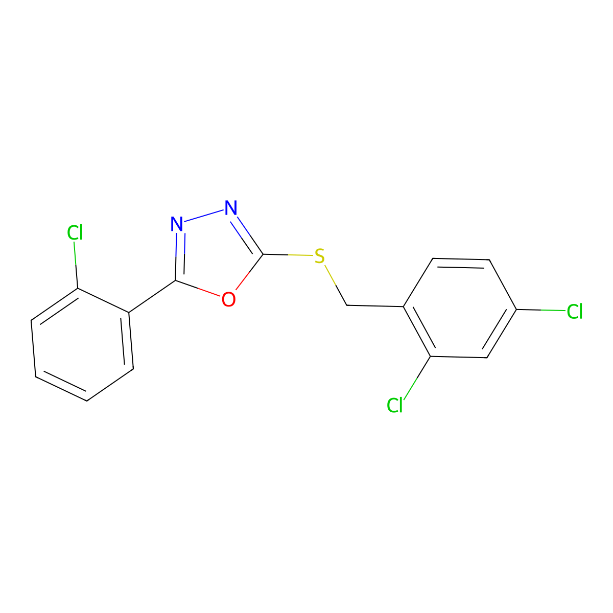 2-(2-Chlorophenyl)-5-((2,4-dichlorobenzyl)thio)-1,3,4-oxadiazole molecular structure, CAS 329023-83-8