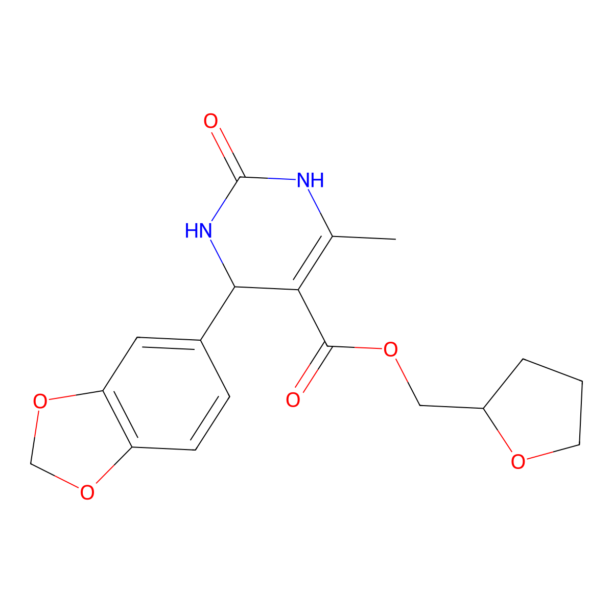 Tetrahydro-2-furanylmethyl 4-(1,3-benzodioxol-5-yl)-6-methyl-2-oxo-1,2,3,4-tetrahydro-5-pyrimidinecarboxylate molecular structure, CAS 329048-45-5