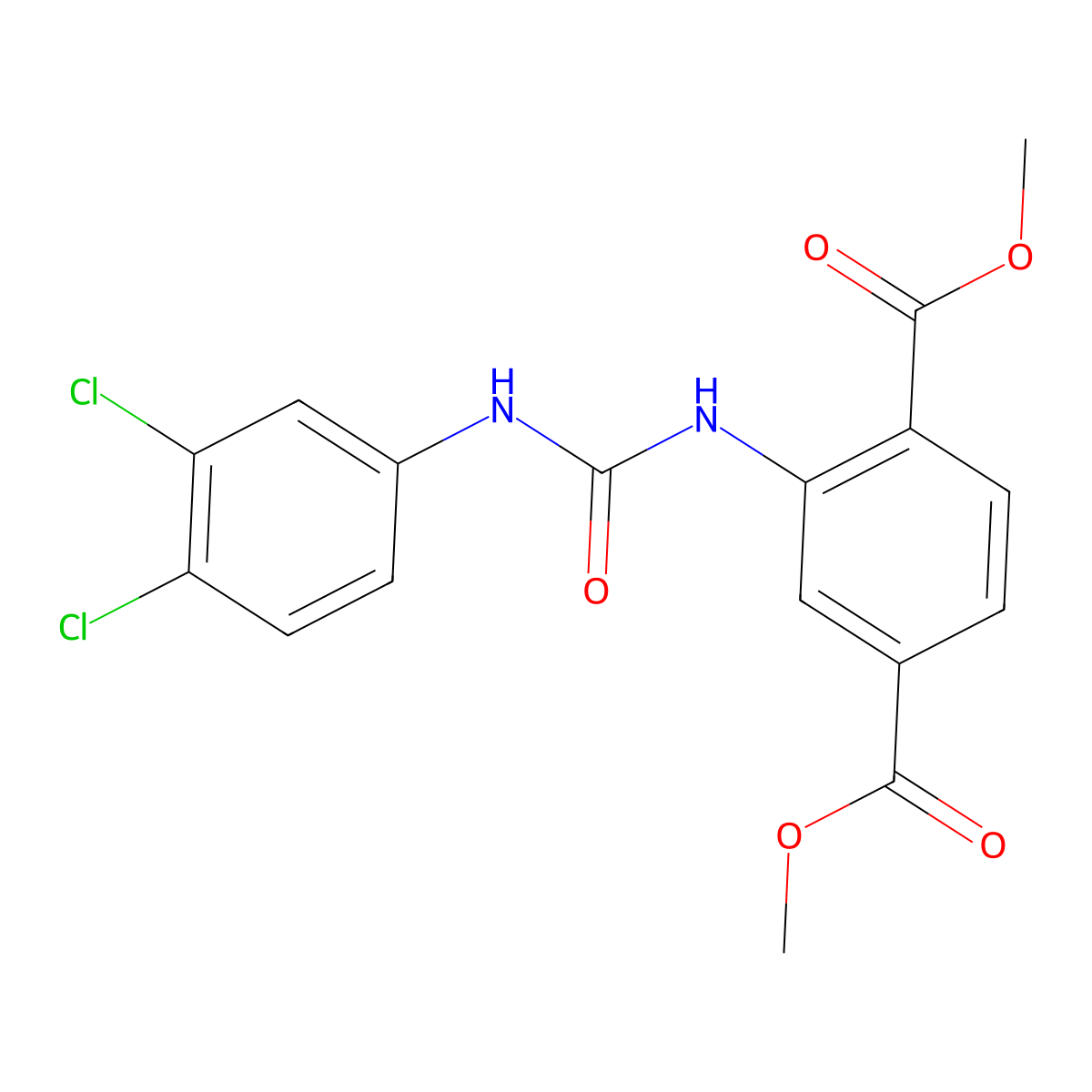 Dimethyl 2-[(3,4-dichlorophenyl)carbamoylamino]benzene-1,4-dicarboxylate molecular structure, CAS 329050-05-7