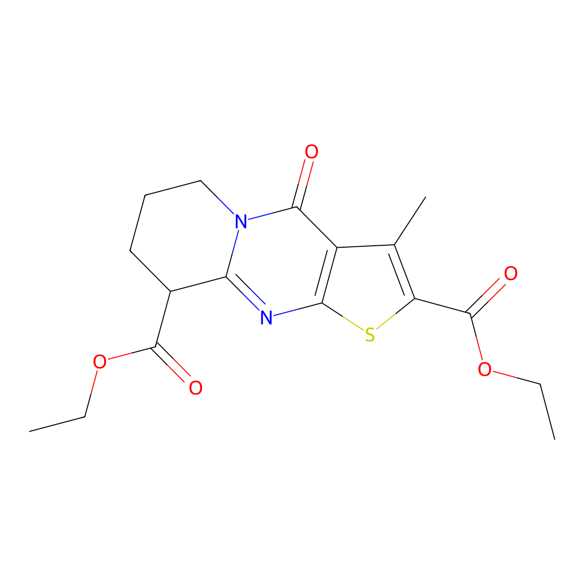 diethyl 3-methyl-4-oxo-6,7,8,9-tetrahydro-4H-pyrido[1,2-a]thieno[2,3-d]pyrimidine-2,9-dicarboxylate molecular structure, CAS 329059-80-5