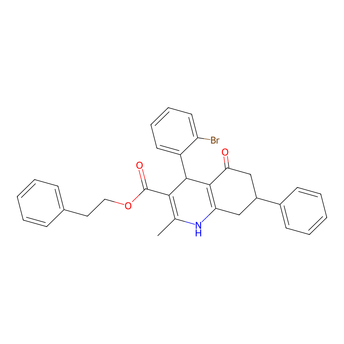 2-Phenylethyl 4-(2-bromophenyl)-2-methyl-5-oxo-7-phenyl-1,4,5,6,7,8-hexahydroquinoline-3-carboxylate molecular structure, CAS 329066-46-8