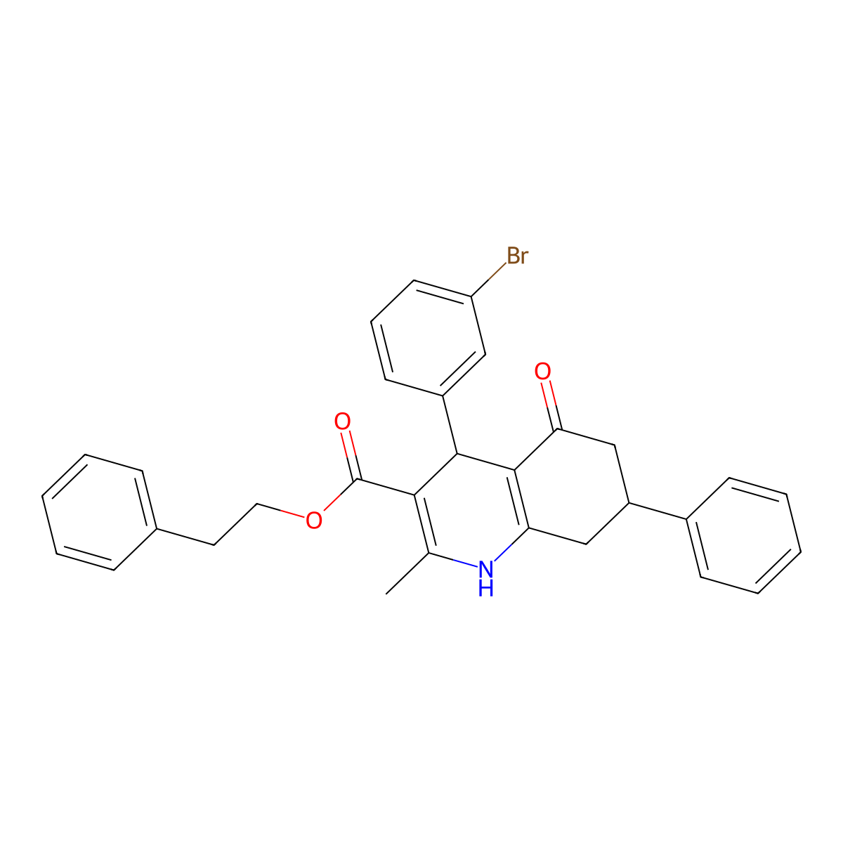 2-Phenylethyl 4-(3-bromophenyl)-2-methyl-5-oxo-7-phenyl-1,4,5,6,7,8-hexahydroquinoline-3-carboxylate molecular structure, CAS 329066-60-6