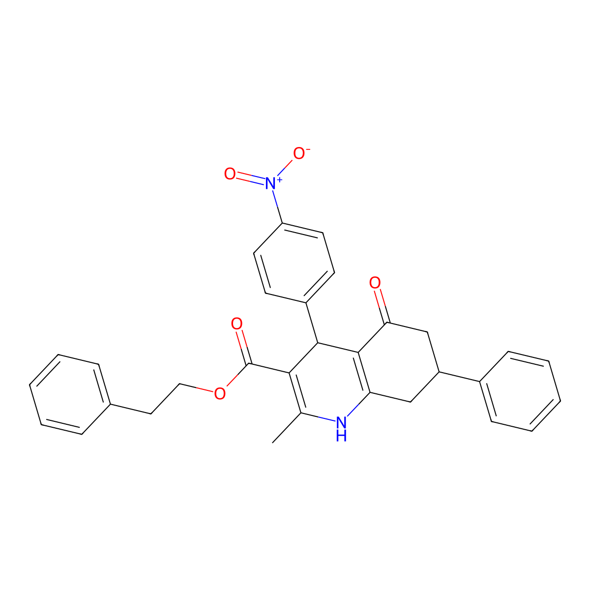 2-Phenylethyl 2-methyl-4-(4-nitrophenyl)-5-oxo-7-phenyl-1,4,5,6,7,8-hexahydroquinoline-3-carboxylate molecular structure, CAS 329066-67-3