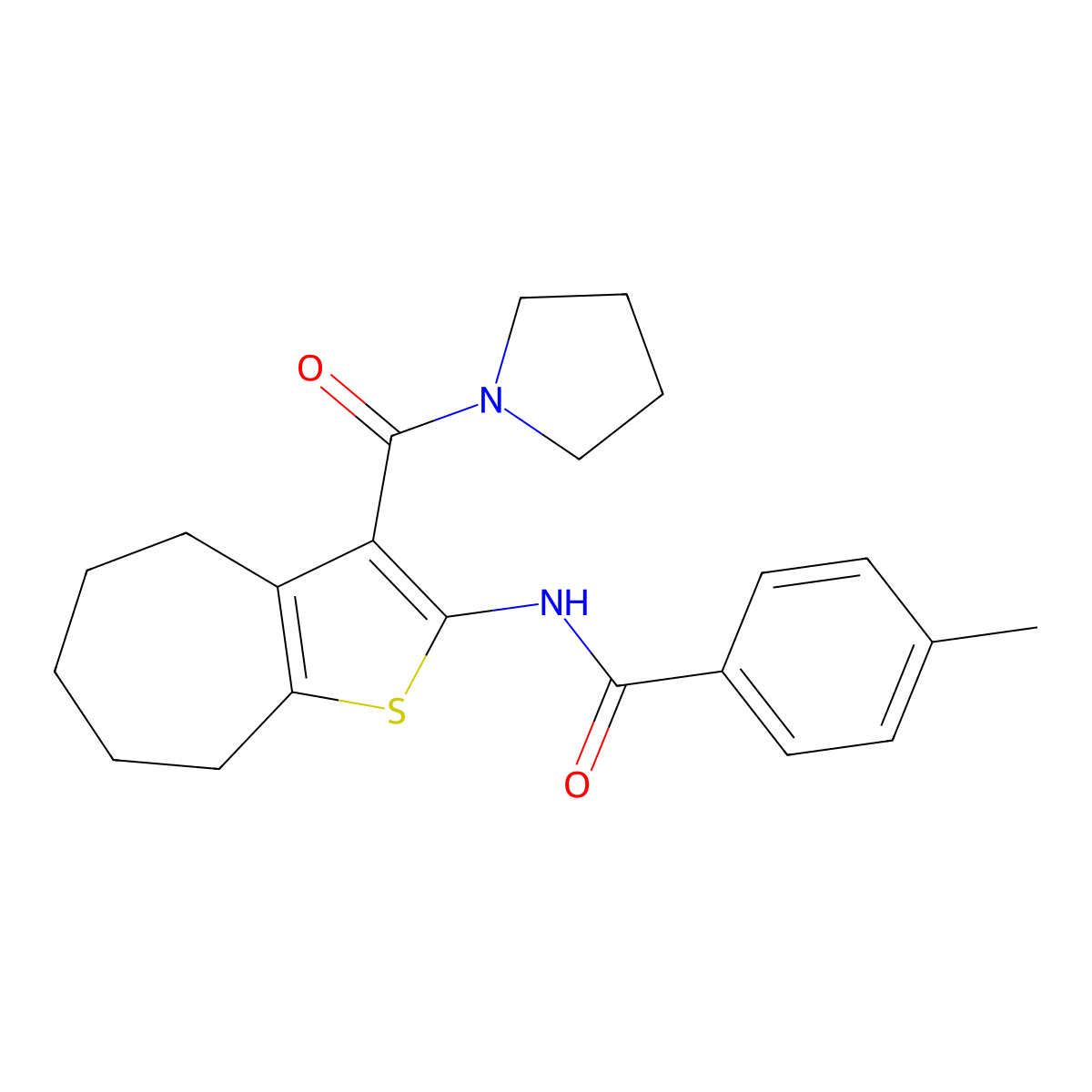 4-methyl-N-[3-(pyrrolidine-1-carbonyl)-5,6,7,8-tetrahydro-4H-cyclohepta[b]thiophen-2-yl]benzamide molecular structure, CAS 329068-22-6