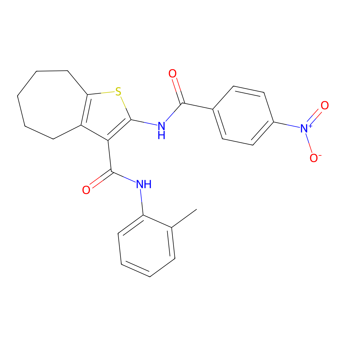 N-(2-methylphenyl)-2-[(4-nitrobenzoyl)amino]-5,6,7,8-tetrahydro-4H-cyclohepta[b]thiophene-3-carboxamide molecular structure, CAS 329068-42-0