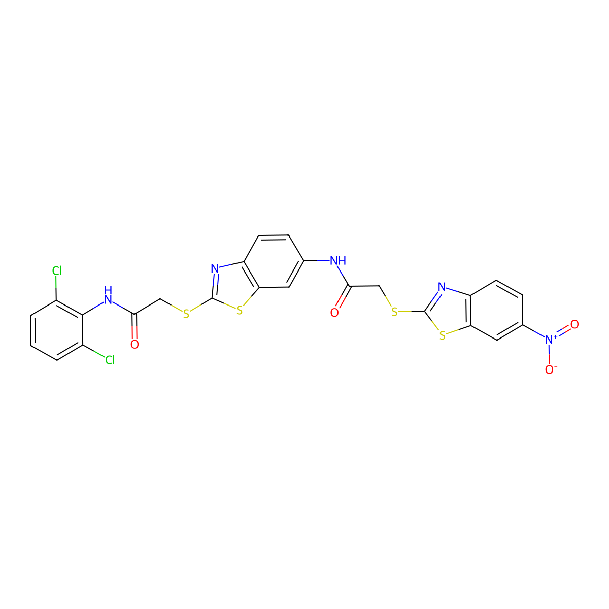 N-(2,6-Dichlorophenyl)-2-((6-(2-((6-nitrobenzo[d]thiazol-2-yl)thio)acetamido)benzo[d]thiazol-2-yl)thio)acetamide molecular structure, CAS 329071-59-2