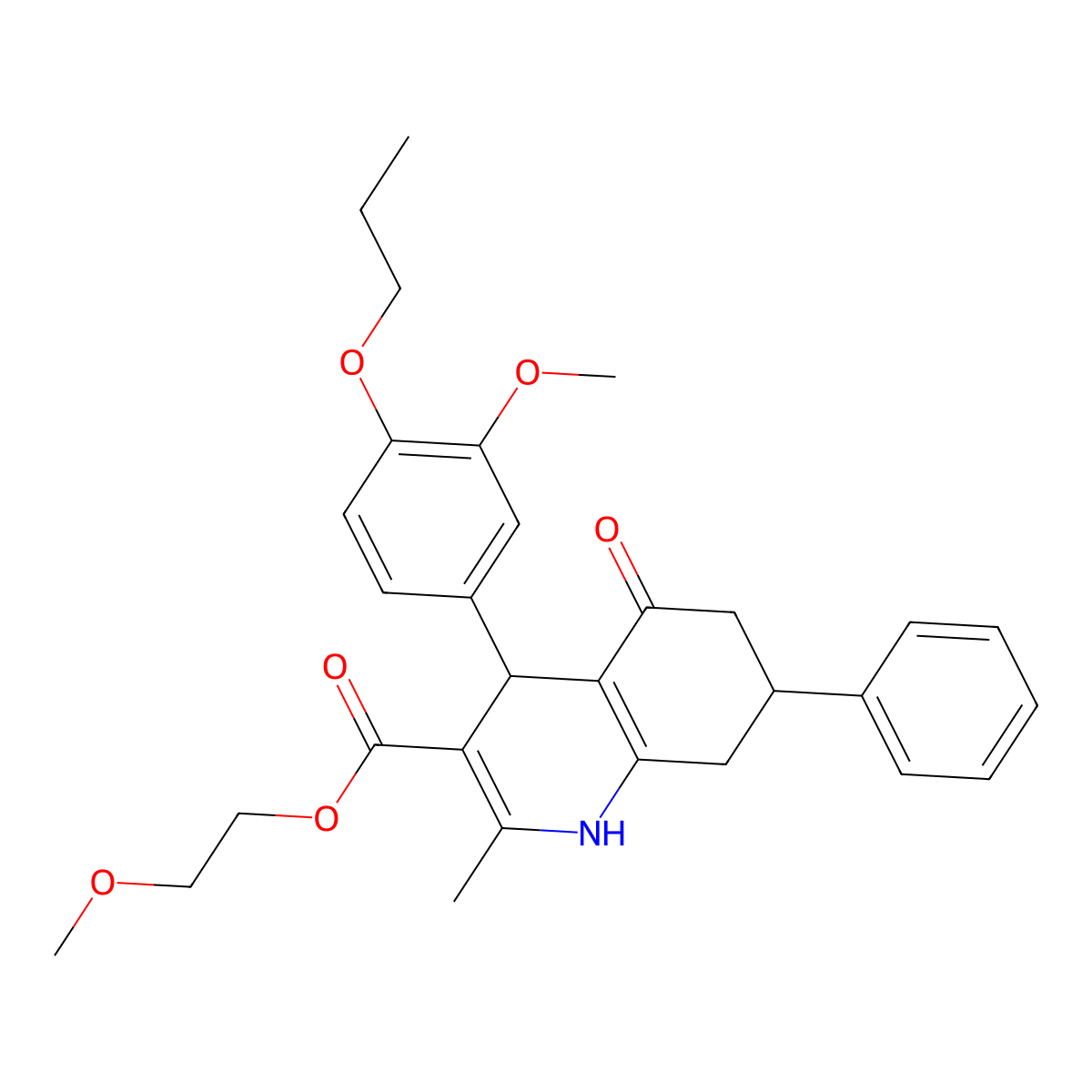 2-Methoxyethyl 4-(3-methoxy-4-propoxyphenyl)-2-methyl-5-oxo-7-phenyl-1,4,5,6,7,8-hexahydroquinoline-3-carboxylate molecular structure, CAS 329072-06-2