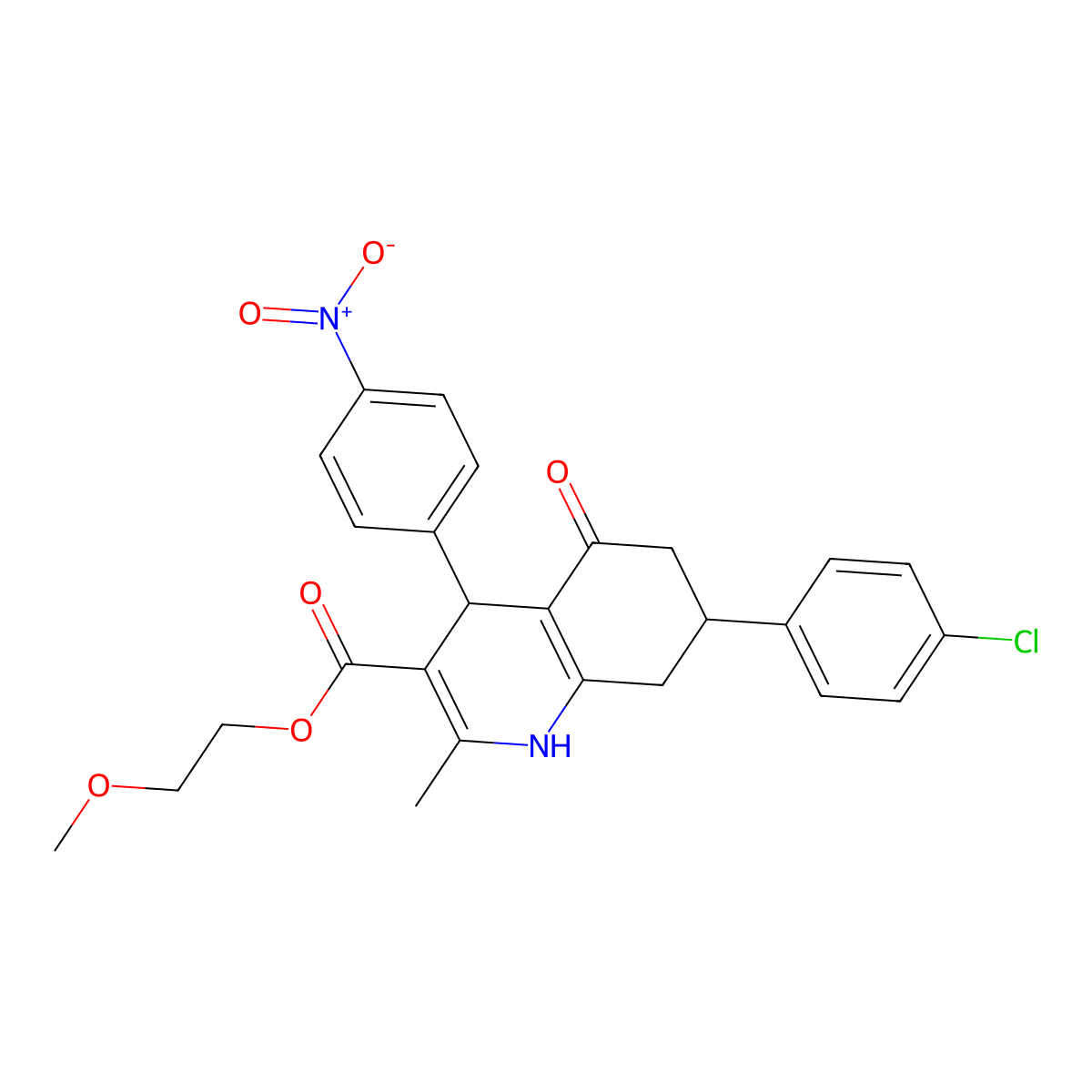 2-Methoxyethyl 7-(4-chlorophenyl)-2-methyl-4-(4-nitrophenyl)-5-oxo-1,4,5,6,7,8-hexahydroquinoline-3-carboxylate molecular structure, CAS 329072-11-9