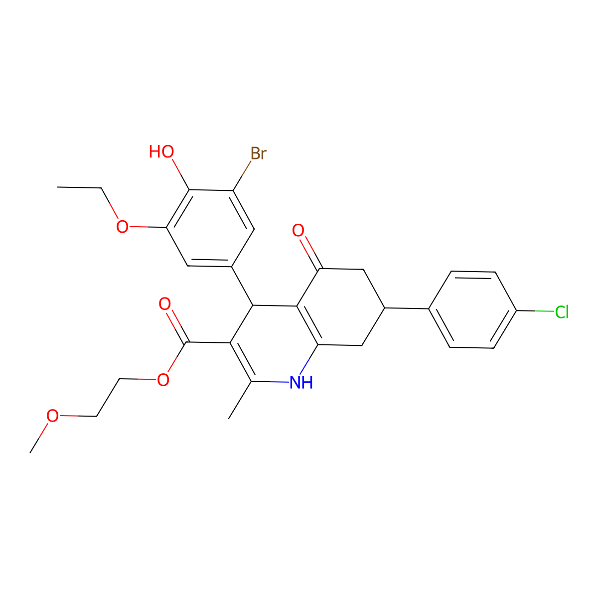 2-Methoxyethyl 4-(3-bromo-5-ethoxy-4-hydroxyphenyl)-7-(4-chlorophenyl)-2-methyl-5-oxo-1,4,5,6,7,8-hexahydroquinoline-3-carboxylate molecular structure, CAS 329072-48-2