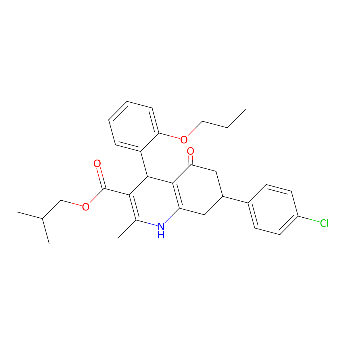 2-Methylpropyl 7-(4-chlorophenyl)-2-methyl-5-oxo-4-(2-propoxyphenyl)-1,4,5,6,7,8-hexahydroquinoline-3-carboxylate molecular structure, CAS 329072-58-4
