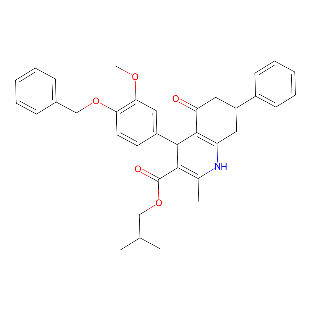 2-Methylpropyl 4-[4-(benzyloxy)-3-methoxyphenyl]-2-methyl-5-oxo-7-phenyl-1,4,5,6,7,8-hexahydroquinoline-3-carboxylate molecular structure, CAS 329072-75-5