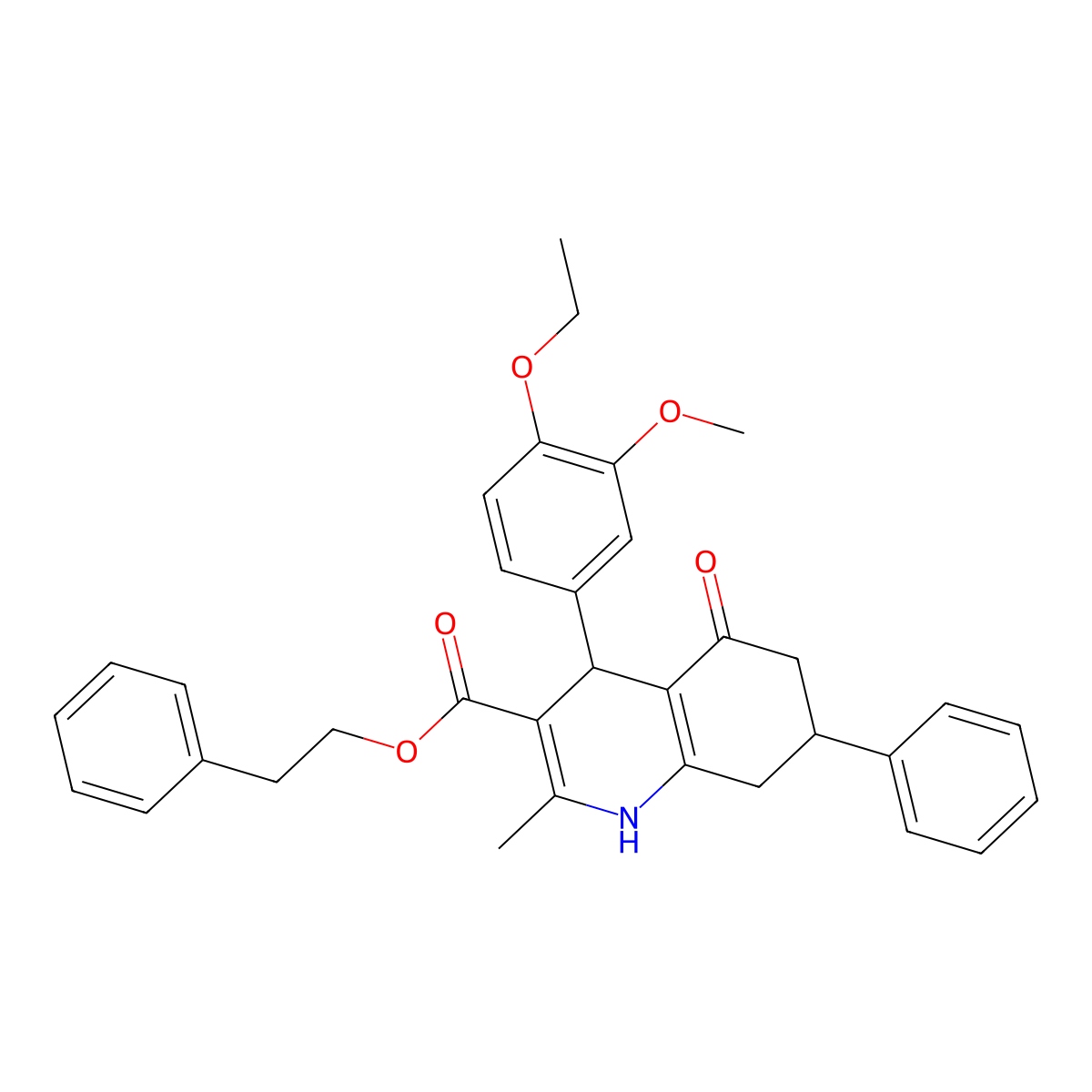2-Phenylethyl 4-(4-ethoxy-3-methoxyphenyl)-2-methyl-5-oxo-7-phenyl-1,4,5,6,7,8-hexahydroquinoline-3-carboxylate molecular structure, CAS 329072-77-7
