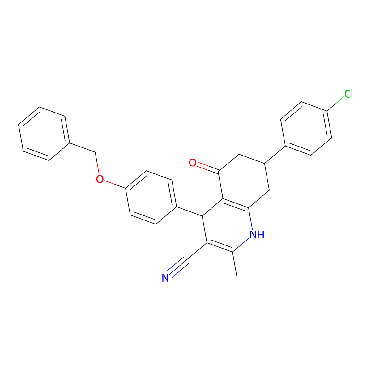 7-(4-chlorophenyl)-2-methyl-5-oxo-4-(4-phenylmethoxyphenyl)-4,6,7,8-tetrahydro-1H-quinoline-3-carbonitrile molecular structure, CAS 329072-87-9