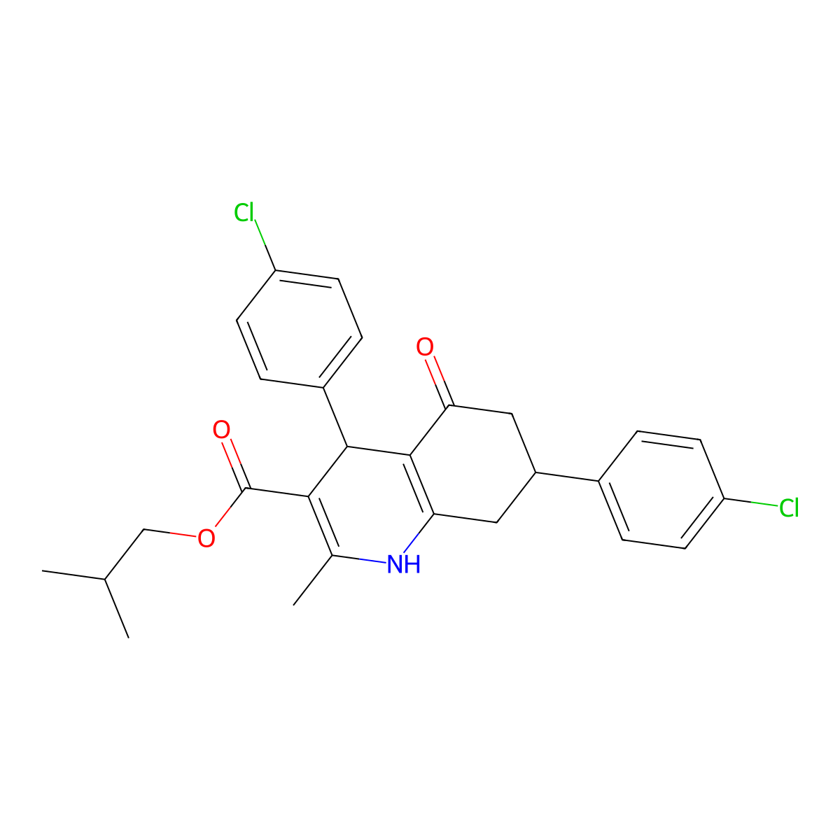 2-Methylpropyl 4,7-bis(4-chlorophenyl)-2-methyl-5-oxo-1,4,5,6,7,8-hexahydroquinoline-3-carboxylate molecular structure, CAS 329072-95-9