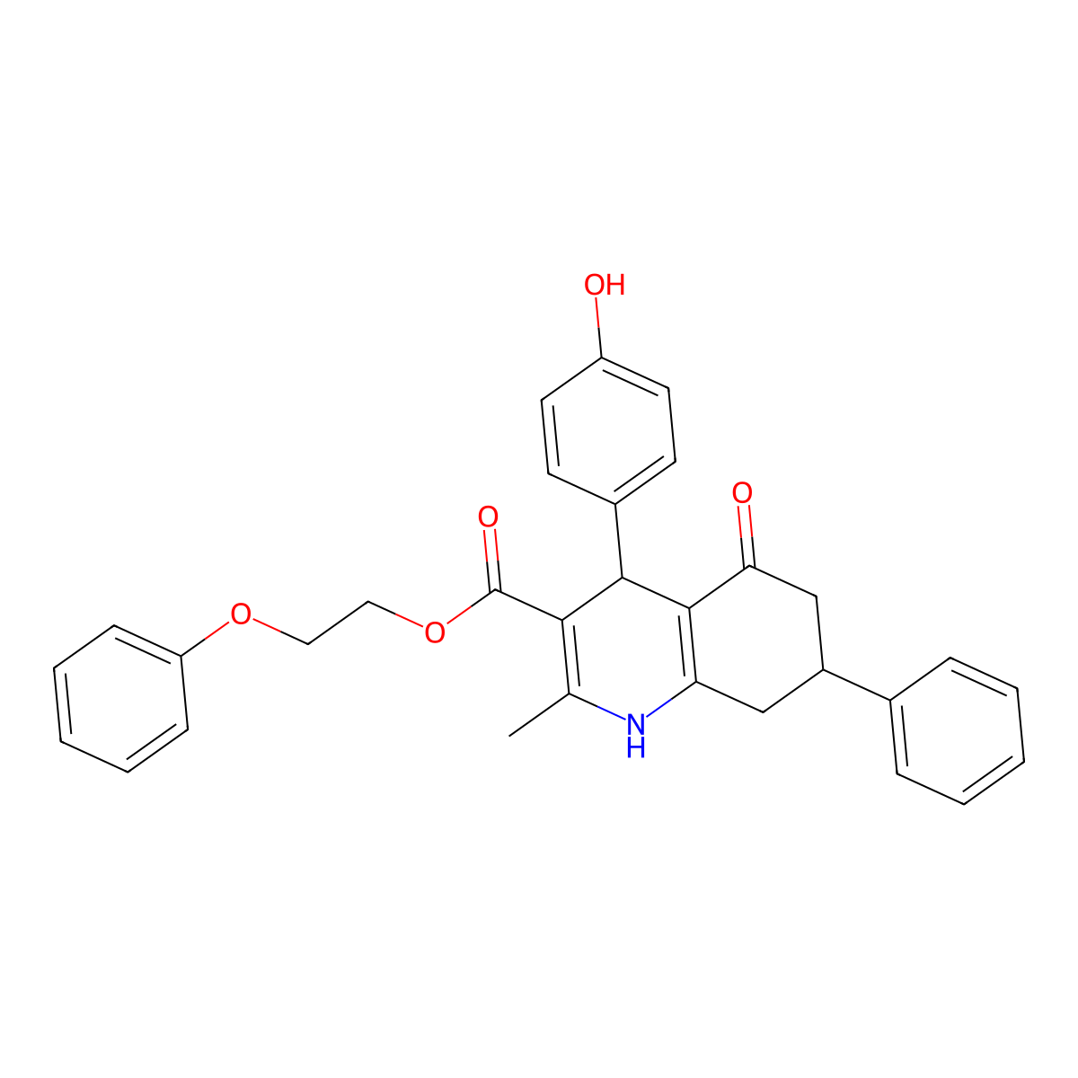 2-Phenoxyethyl 4-(4-hydroxyphenyl)-2-methyl-5-oxo-7-phenyl-1,4,5,6,7,8-hexahydroquinoline-3-carboxylate molecular structure, CAS 329073-38-3
