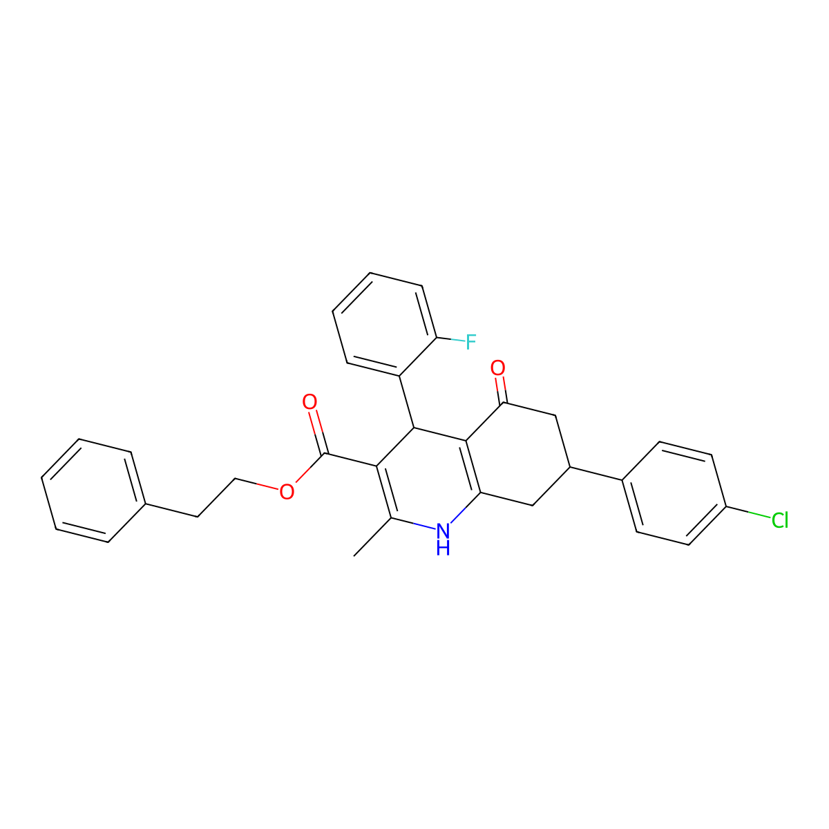 2-Phenylethyl 7-(4-chlorophenyl)-4-(2-fluorophenyl)-2-methyl-5-oxo-1,4,5,6,7,8-hexahydroquinoline-3-carboxylate molecular structure, CAS 329073-40-7