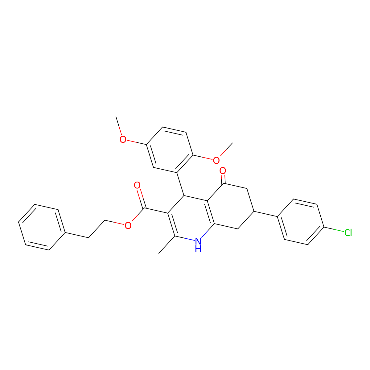2-Phenylethyl 7-(4-chlorophenyl)-4-(2,5-dimethoxyphenyl)-2-methyl-5-oxo-1,4,5,6,7,8-hexahydroquinoline-3-carboxylate molecular structure, CAS 329073-50-9