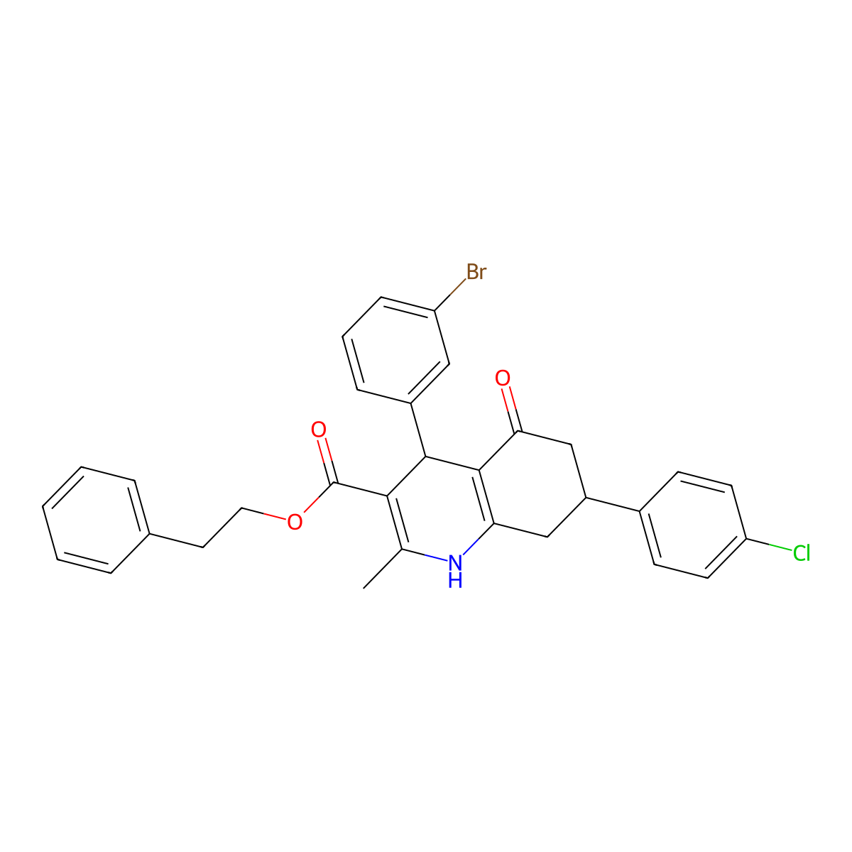 2-Phenylethyl 4-(3-bromophenyl)-7-(4-chlorophenyl)-2-methyl-5-oxo-1,4,5,6,7,8-hexahydroquinoline-3-carboxylate molecular structure, CAS 329073-53-2