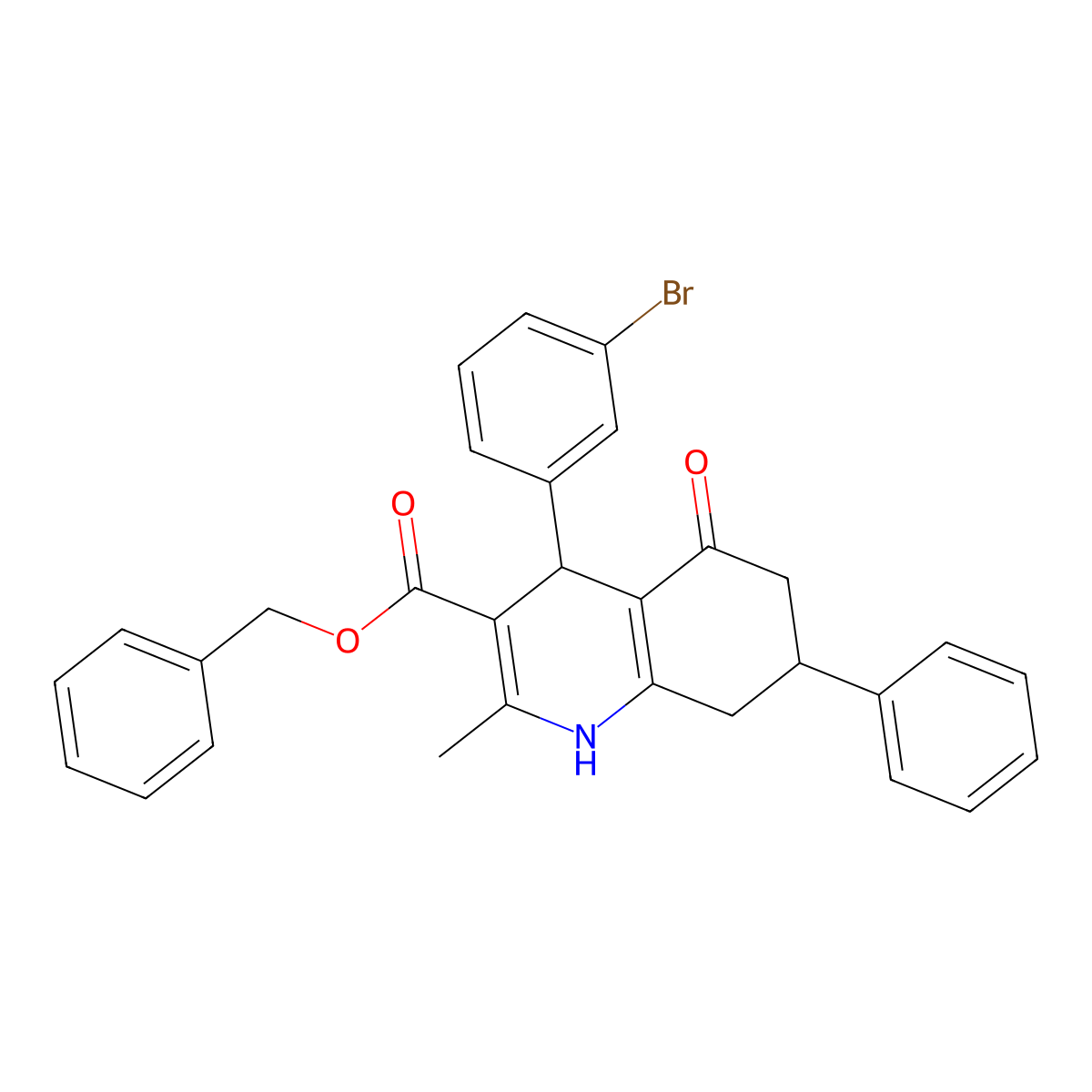 Benzyl 4-(3-bromophenyl)-2-methyl-5-oxo-7-phenyl-1,4,5,6,7,8-hexahydroquinoline-3-carboxylate molecular structure, CAS 329073-56-5