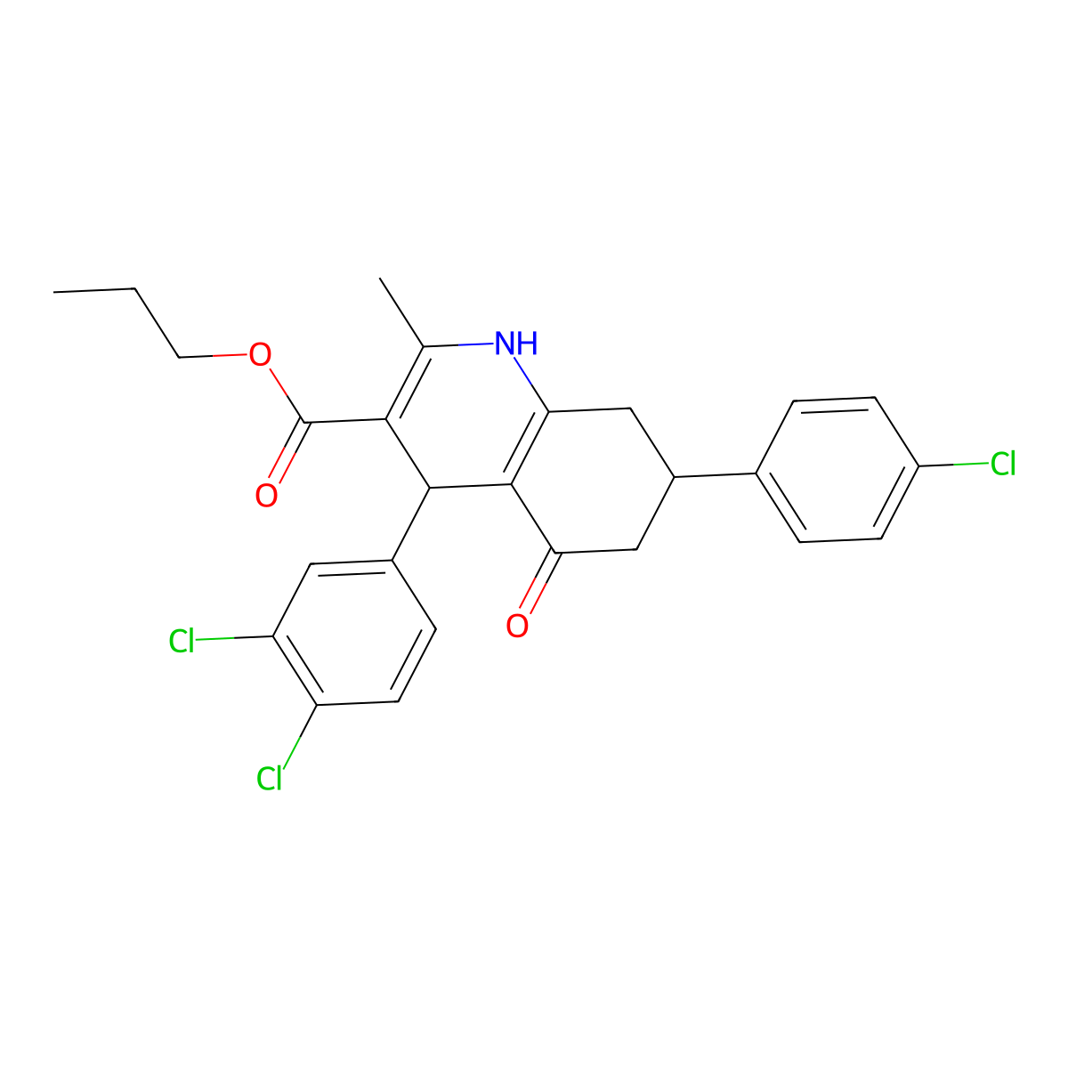 Propyl 7-(4-chlorophenyl)-4-(3,4-dichlorophenyl)-2-methyl-5-oxo-1,4,5,6,7,8-hexahydroquinoline-3-carboxylate molecular structure, CAS 329073-62-3