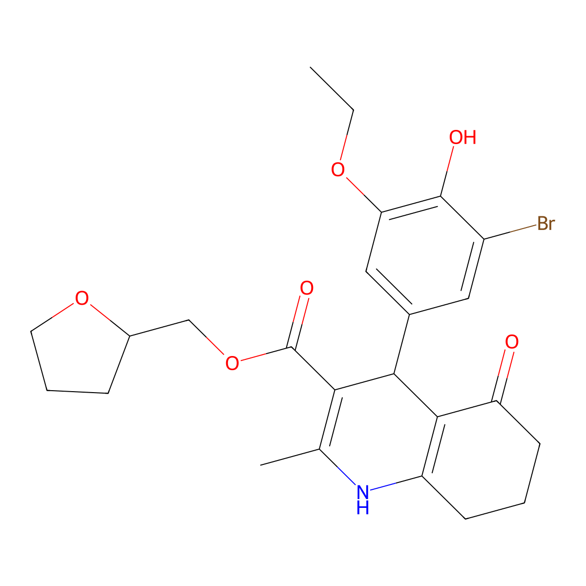 Tetrahydrofuran-2-ylmethyl 4-(3-bromo-5-ethoxy-4-hydroxyphenyl)-2-methyl-5-oxo-1,4,5,6,7,8-hexahydroquinoline-3-carboxylate molecular structure, CAS 329073-78-1