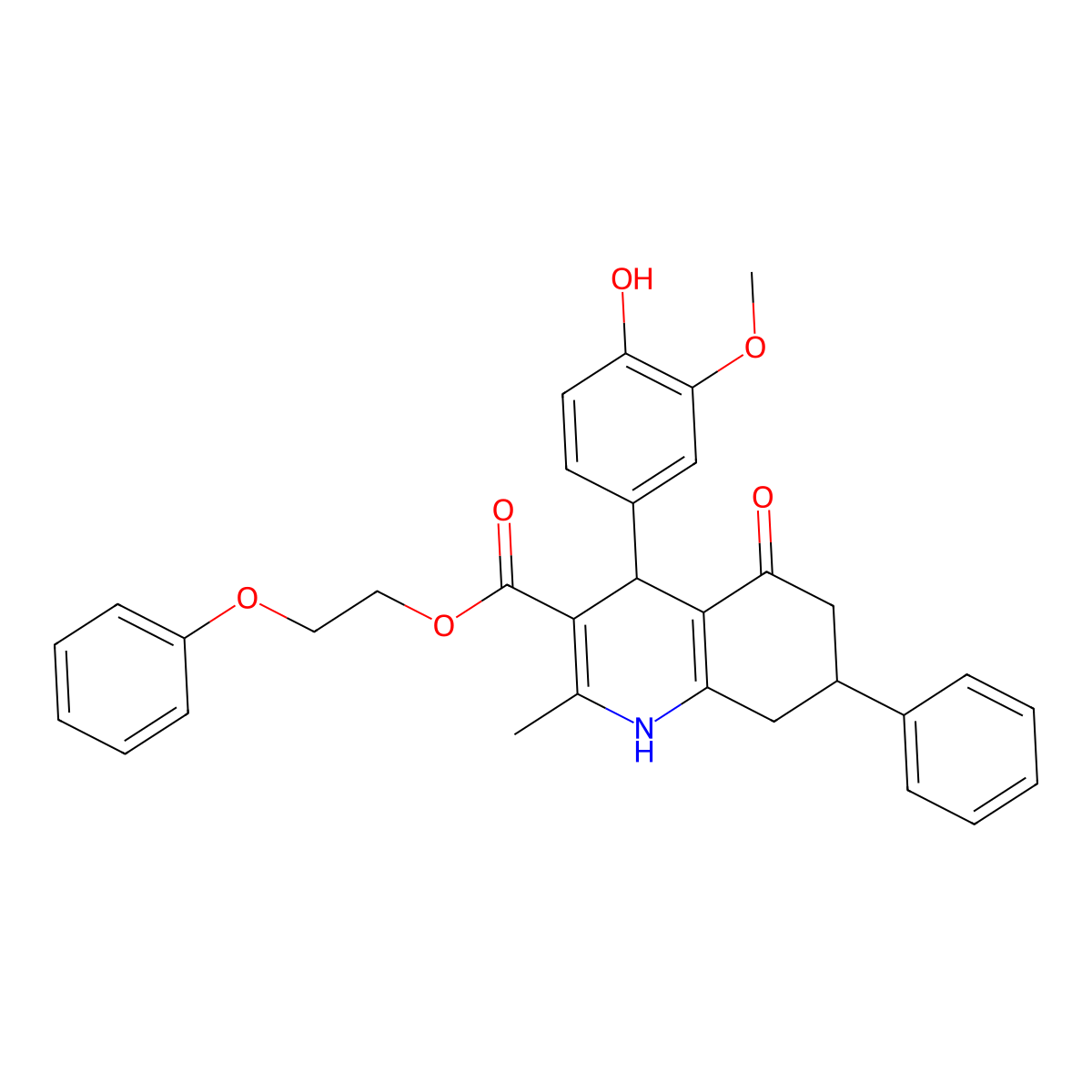 2-Phenoxyethyl 4-(4-hydroxy-3-methoxyphenyl)-2-methyl-5-oxo-7-phenyl-1,4,5,6,7,8-hexahydroquinoline-3-carboxylate molecular structure, CAS 329073-84-9