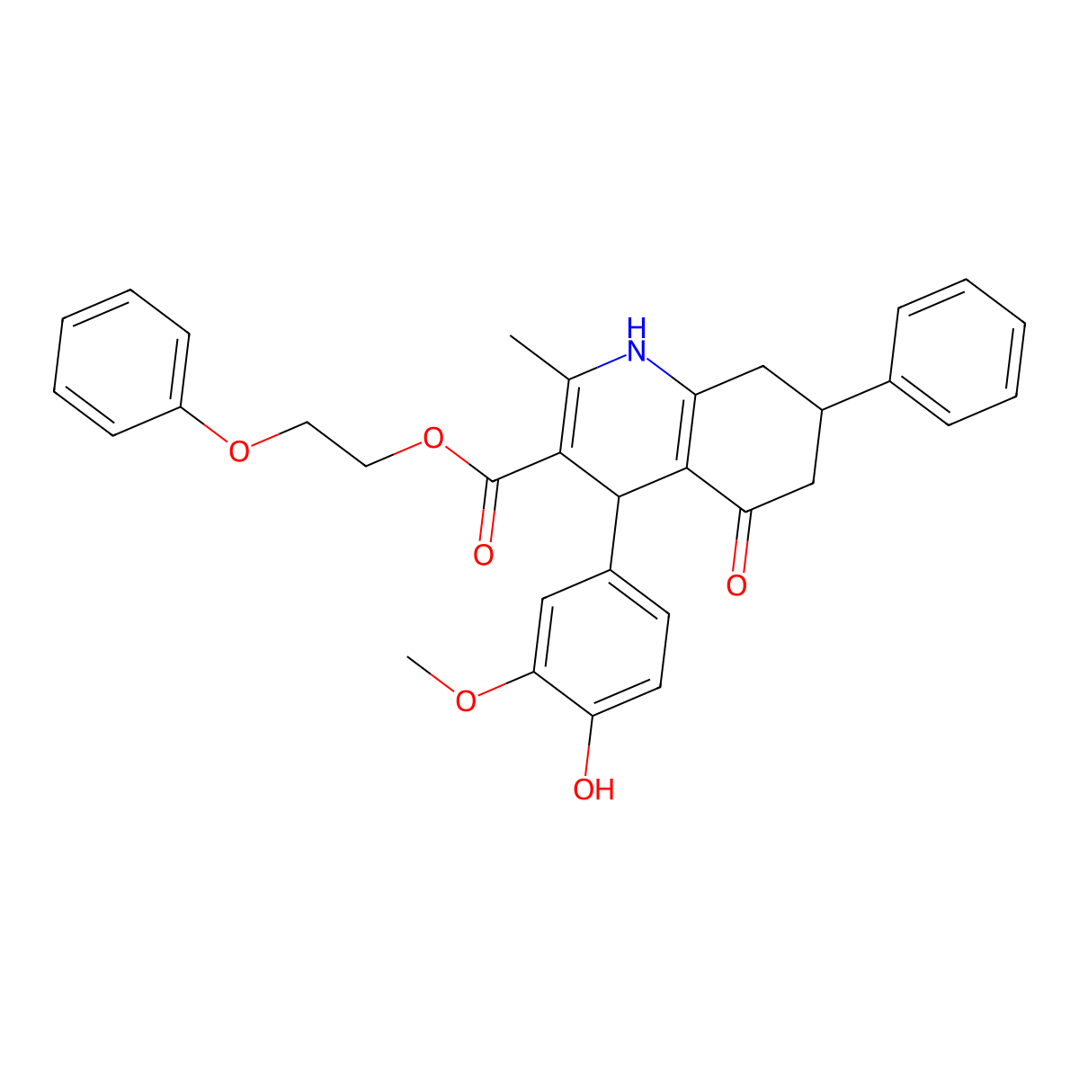 2-Phenoxyethyl 4-(4-hydroxy-3-methoxyphenyl)-2-methyl-5-oxo-7-phenyl-1,4,5,6,7,8-hexahydroquinoline-3-carboxylate molecular structure, CAS 329073-84-9
