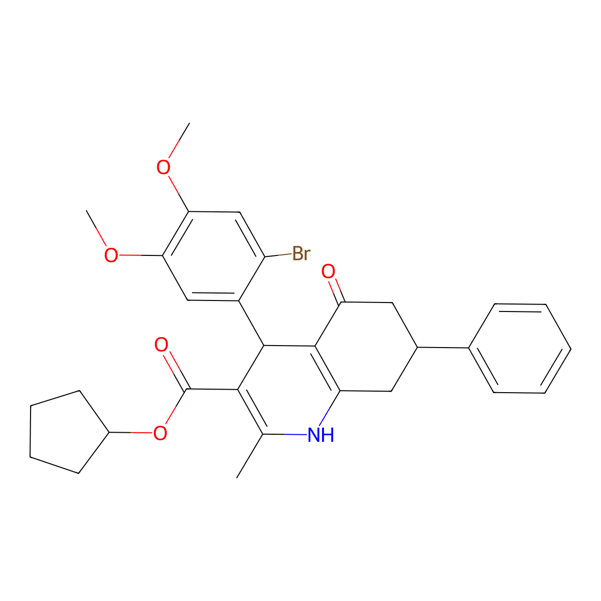 Cyclopentyl 4-(2-bromo-4,5-dimethoxyphenyl)-2-methyl-5-oxo-7-phenyl-1,4,5,6,7,8-hexahydroquinoline-3-carboxylate molecular structure, CAS 329073-87-2
