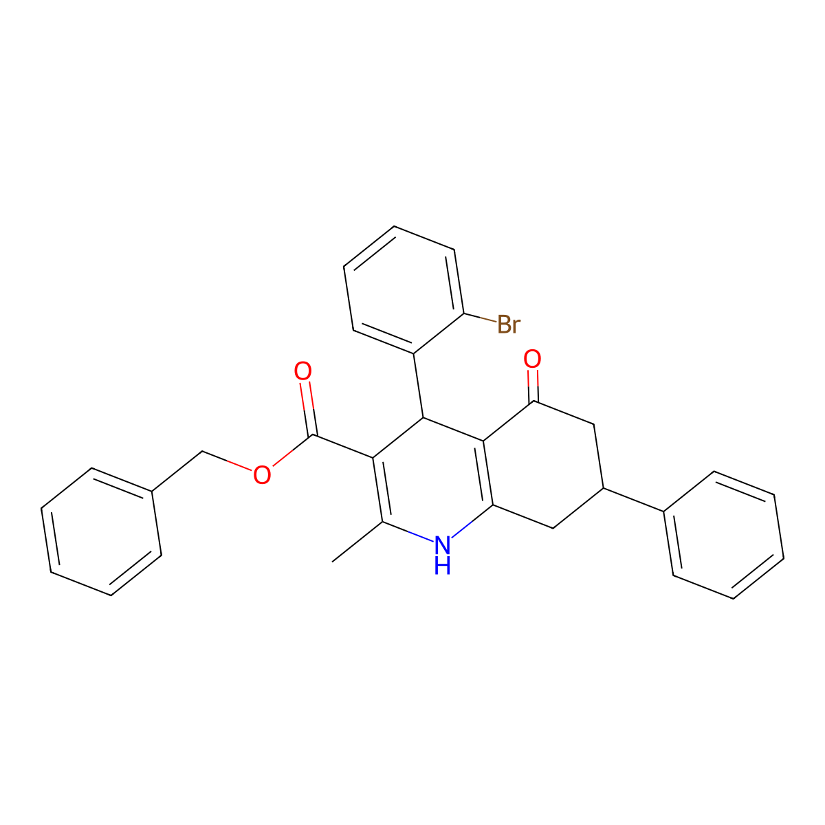 Benzyl 4-(2-bromophenyl)-2-methyl-5-oxo-7-phenyl-1,4,5,6,7,8-hexahydroquinoline-3-carboxylate molecular structure, CAS 329074-05-7