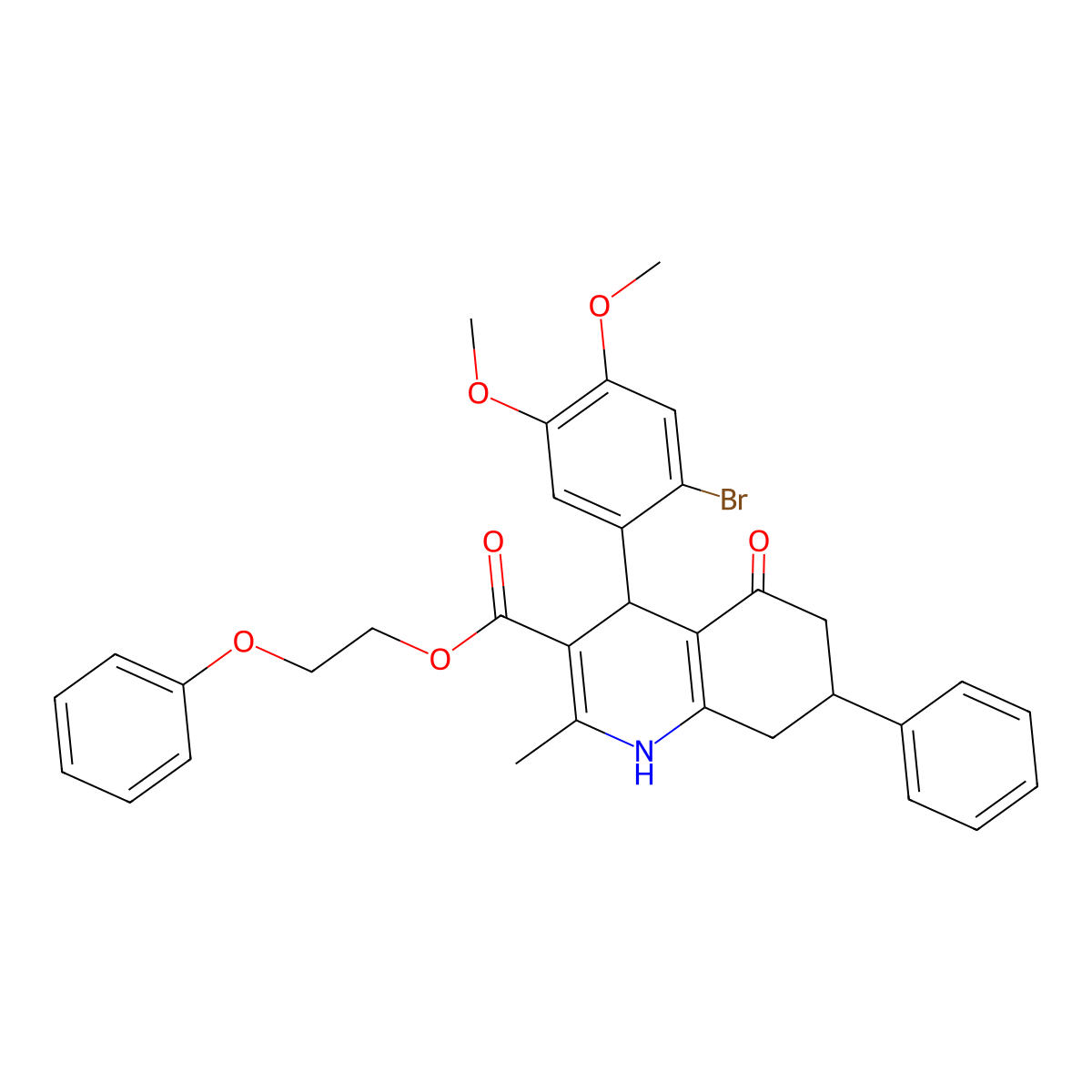 2-Phenoxyethyl 4-(2-bromo-4,5-dimethoxyphenyl)-2-methyl-5-oxo-7-phenyl-1,4,5,6,7,8-hexahydroquinoline-3-carboxylate molecular structure, CAS 329074-14-8