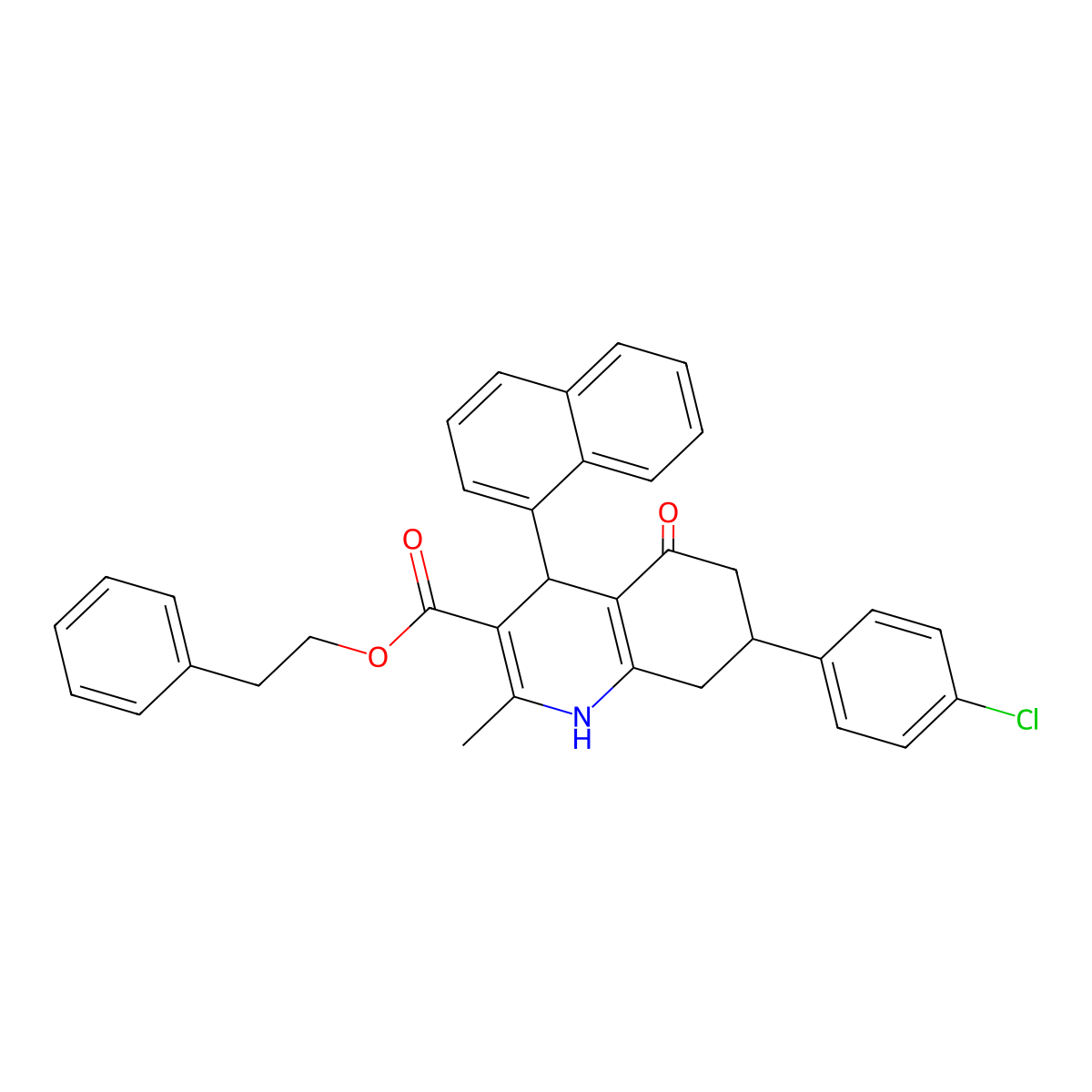 2-Phenylethyl 7-(4-chlorophenyl)-2-methyl-4-(naphthalen-1-yl)-5-oxo-1,4,5,6,7,8-hexahydroquinoline-3-carboxylate molecular structure, CAS 329074-17-1