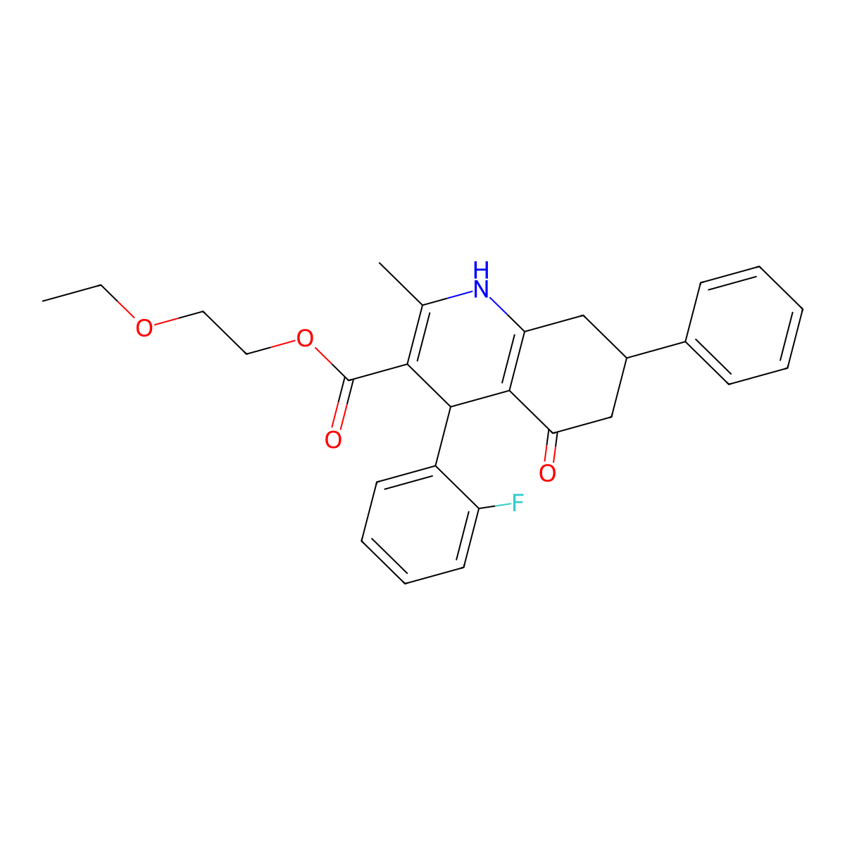 2-Ethoxyethyl 4-(2-fluorophenyl)-2-methyl-5-oxo-7-phenyl-1,4,5,6,7,8-hexahydroquinoline-3-carboxylate molecular structure, CAS 329074-26-2
