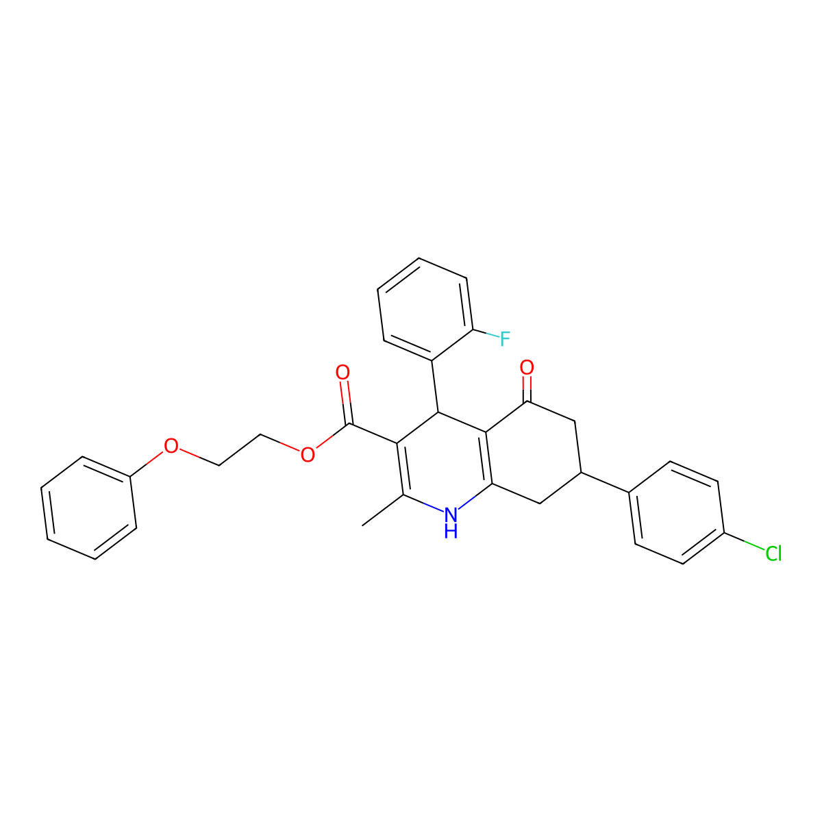 2-Phenoxyethyl 7-(4-chlorophenyl)-4-(2-fluorophenyl)-2-methyl-5-oxo-1,4,5,6,7,8-hexahydroquinoline-3-carboxylate molecular structure, CAS 329074-37-5