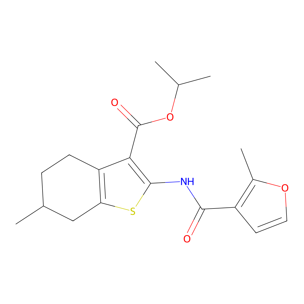 Isopropyl 6-methyl-2-[(2-methyl-3-furoyl)amino]-4,5,6,7-tetrahydro-1-benzothiophene-3-carboxylate molecular structure, CAS 329078-09-3