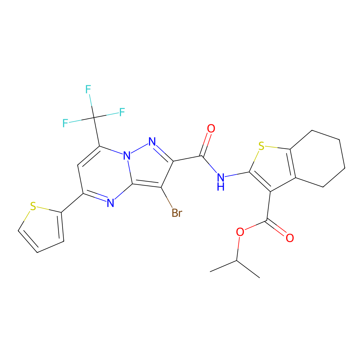 Isopropyl 2-({[3-bromo-5-(2-thienyl)-7-(trifluoromethyl)pyrazolo[1,5-a]pyrimidin-2-yl]carbonyl}amino)-4,5,6,7-tetrahydro-1-benzothiophene-3-carboxylate molecular structure, CAS 329078-13-9