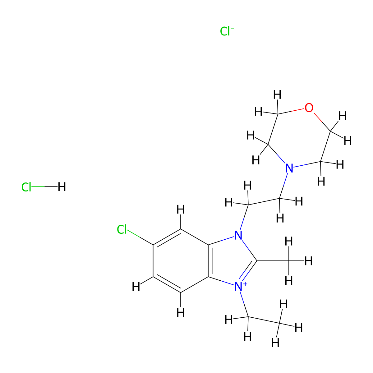 1H-Benzimidazolium, 5-chloro-1-ethyl-2-methyl-3-(2-(4-morpholinyl)ethyl)-, chloride, hydrochloride (1:1:1) molecular structure, CAS 32915-77-8