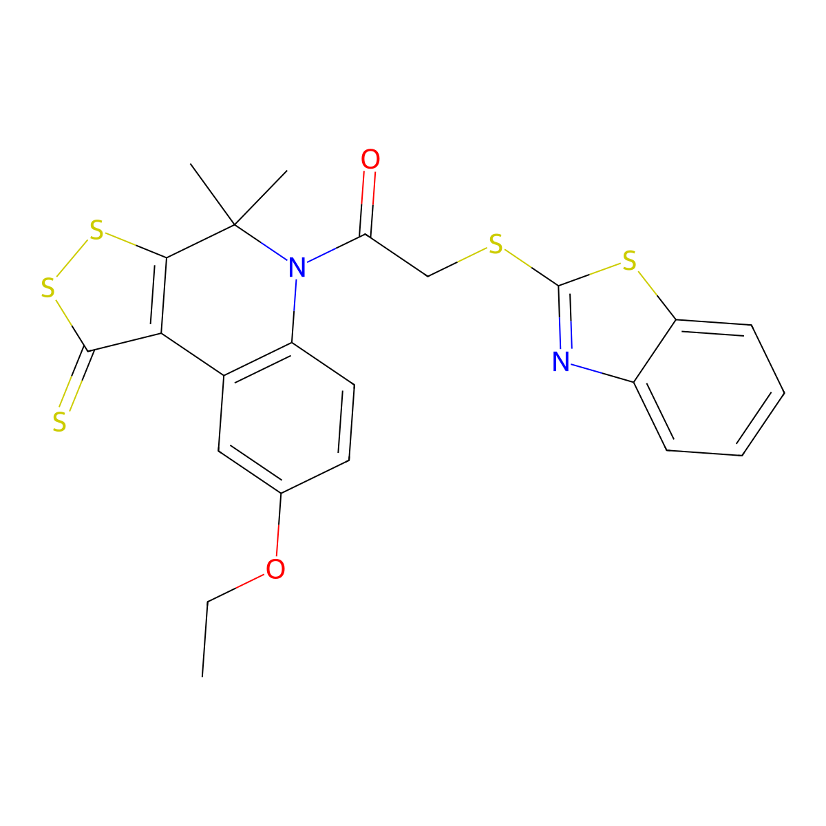 2-(1,3-Benzothiazol-2-ylsulfanyl)-1-(8-ethoxy-4,4-dimethyl-1-sulfanylidenedithiolo[3,4-c]quinolin-5-yl)ethanone molecular structure, CAS 329206-27-1