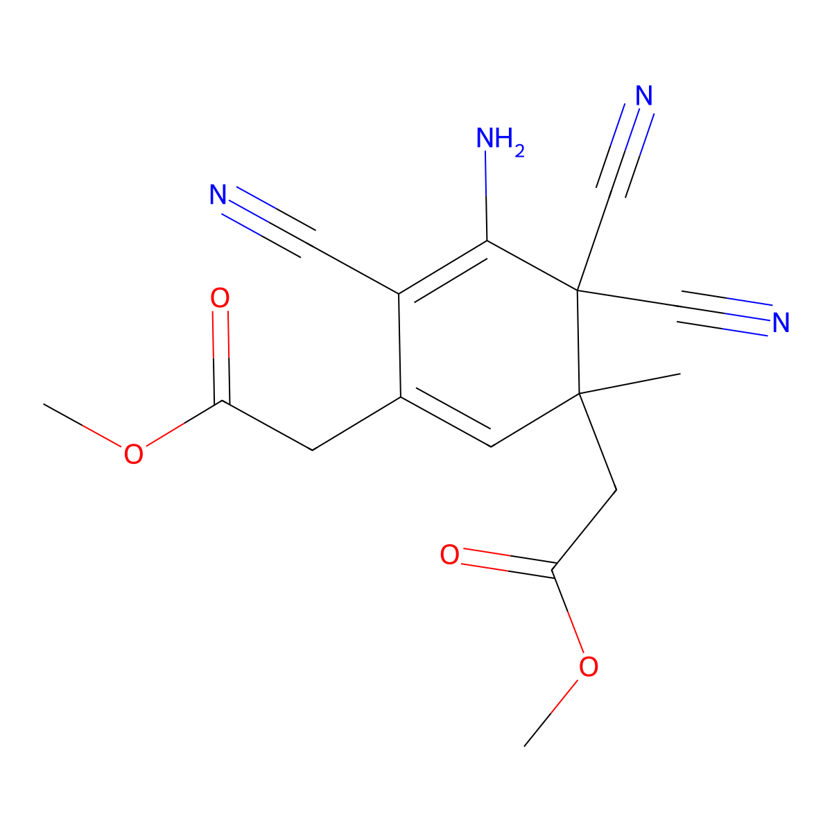 Dimethyl 2,2'-(5-amino-4,4,6-tricyano-3-methylcyclohexa-1,5-diene-1,3-diyl)diacetate molecular structure, CAS 329208-21-1