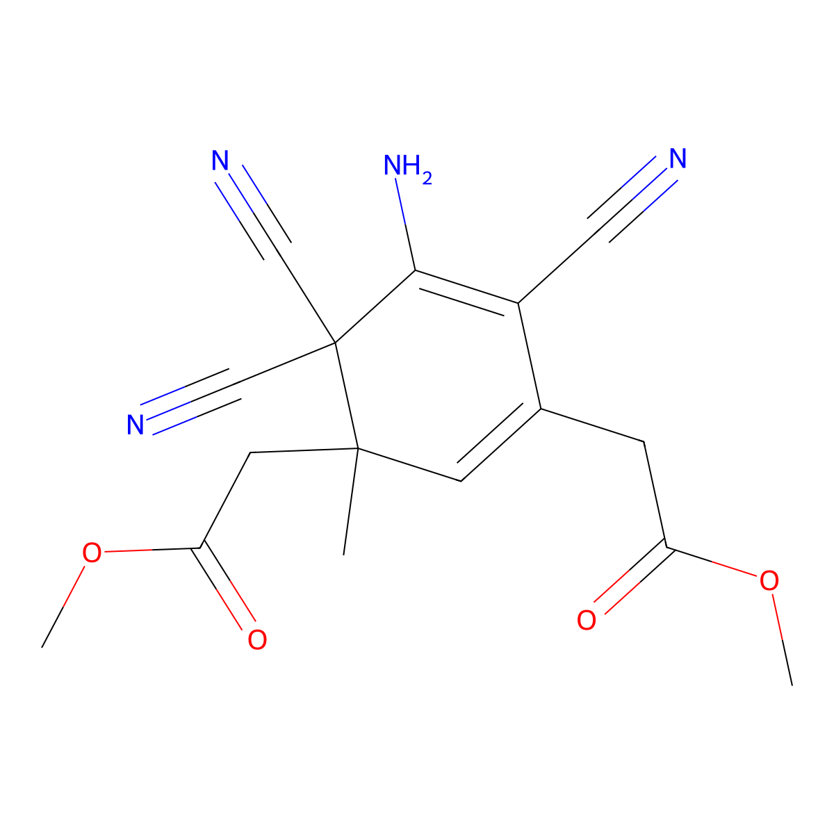 Dimethyl 2,2'-(5-amino-4,4,6-tricyano-3-methylcyclohexa-1,5-diene-1,3-diyl)diacetate molecular structure, CAS 329208-21-1