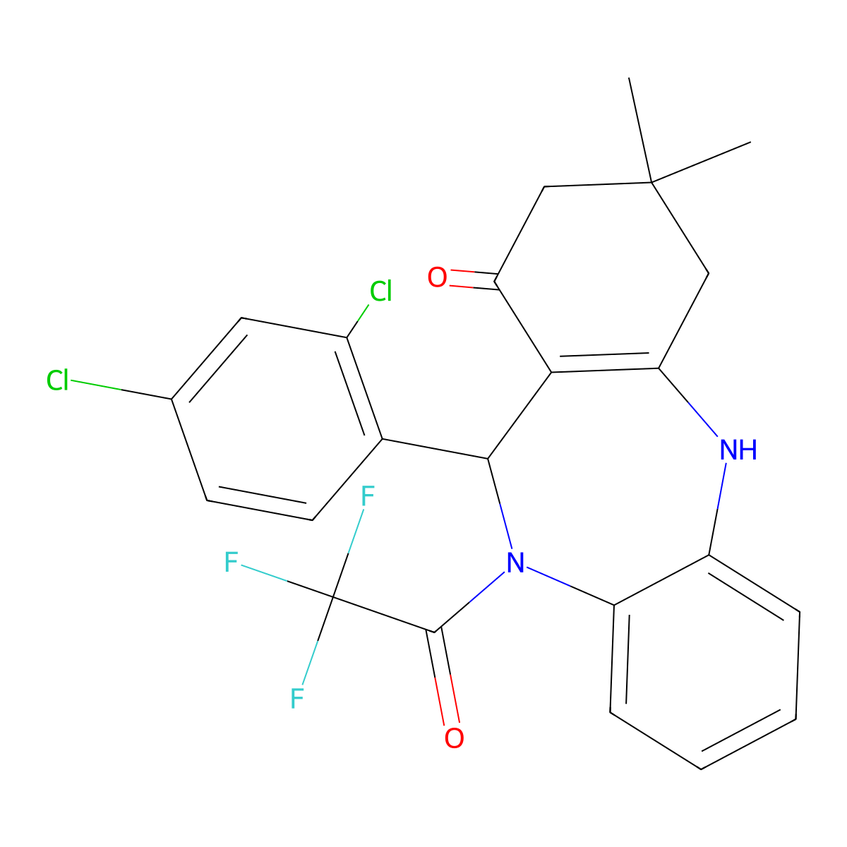 6-(2,4-Dichlorophenyl)-9,9-dimethyl-5-(2,2,2-trifluoroacetyl)-6,8,10,11-tetrahydrobenzo[b][1,4]benzodiazepin-7-one molecular structure, CAS 329212-81-9