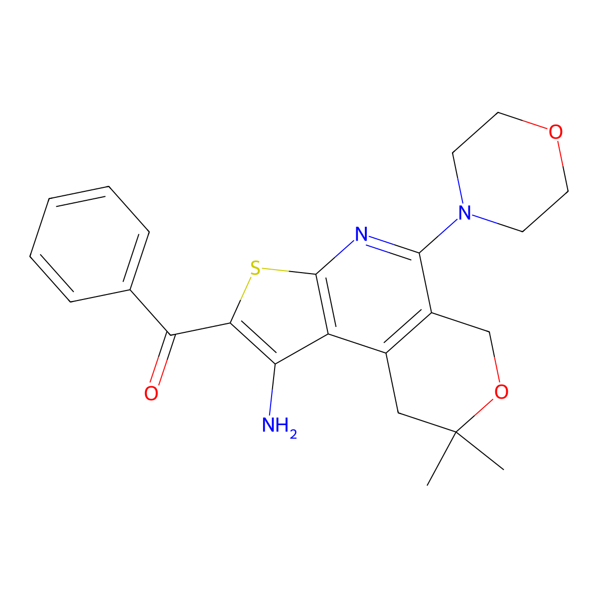 (1-Amino-8,8-dimethyl-5-morpholino-8,9-dihydro-6H-pyrano[4,3-D]thieno[2,3-B]pyridin-2-YL)(phenyl)methanone molecular structure, CAS 329213-51-6