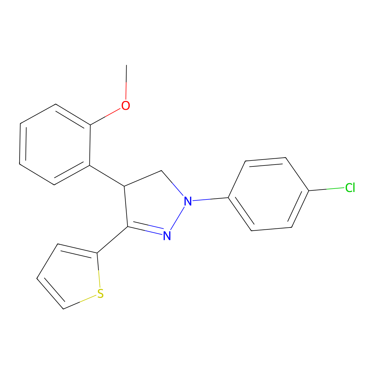 2-(4-Chlorophenyl)-4-(2-methoxyphenyl)-5-thiophen-2-yl-3,4-dihydropyrazole molecular structure, CAS 329219-17-2