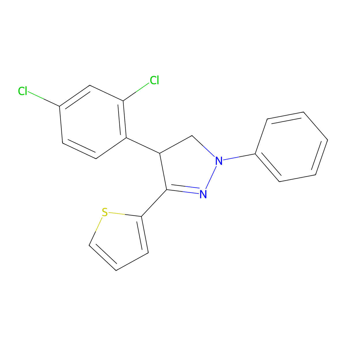 4-(2,4-Dichlorophenyl)-2-phenyl-5-thiophen-2-yl-3,4-dihydropyrazole molecular structure, CAS 329219-22-9