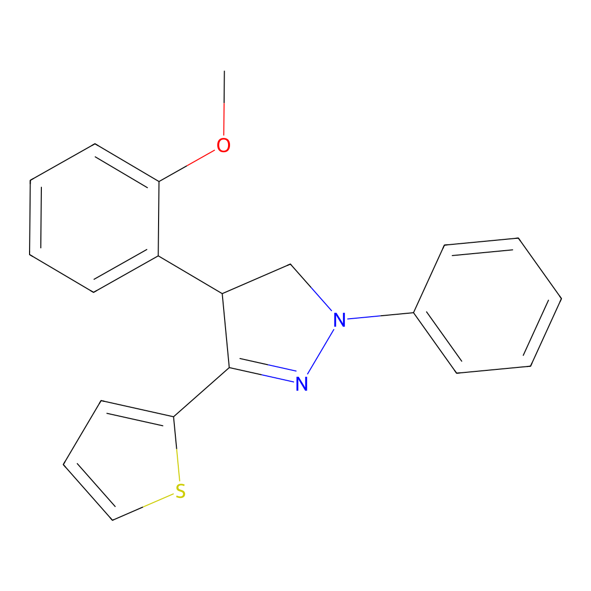 4-(2-Methoxyphenyl)-2-phenyl-5-thiophen-2-yl-3,4-dihydropyrazole molecular structure, CAS 329219-24-1