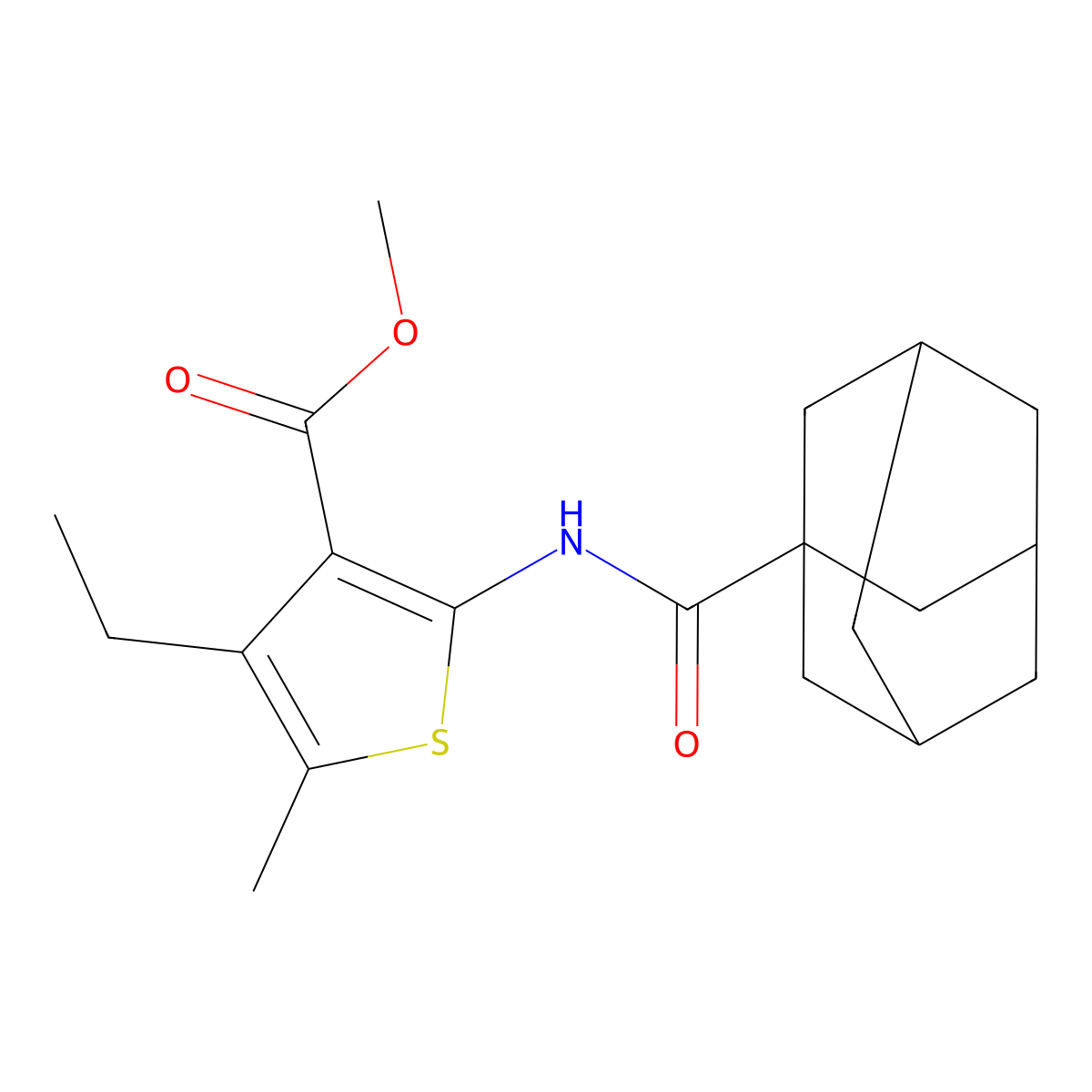 Methyl 2-(adamantanylcarbonylamino)-4-ethyl-5-methylthiophene-3-carboxylate molecular structure, CAS 329221-34-3