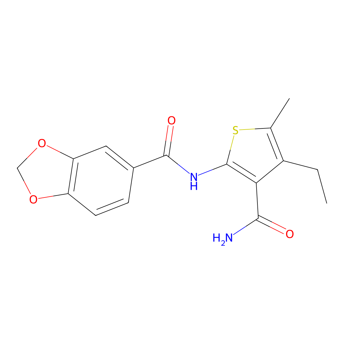 N-(3-carbamoyl-4-ethyl-5-methylthiophen-2-yl)-1,3-benzodioxole-5-carboxamide molecular structure, CAS 329221-76-3